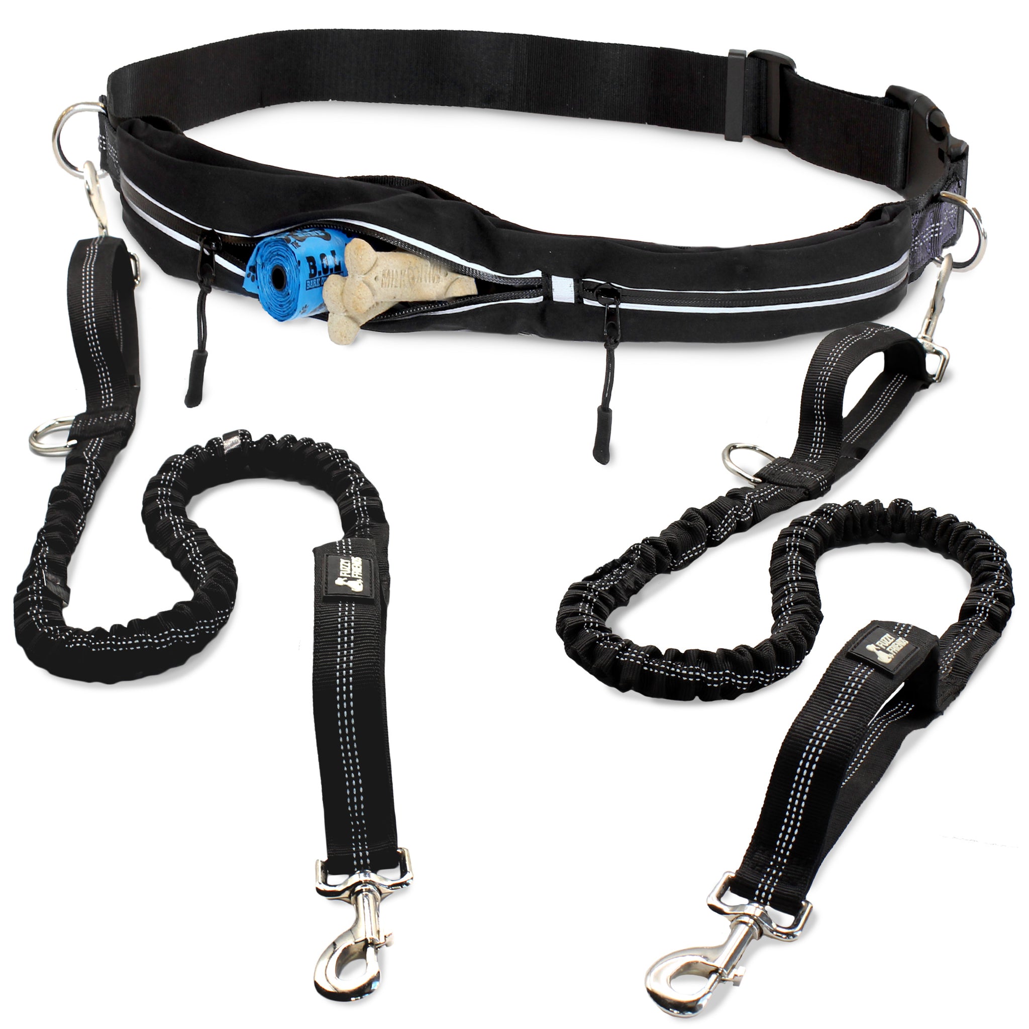 Hands Free Dog Leash for 2 Dogs - includes pouches for anything you need