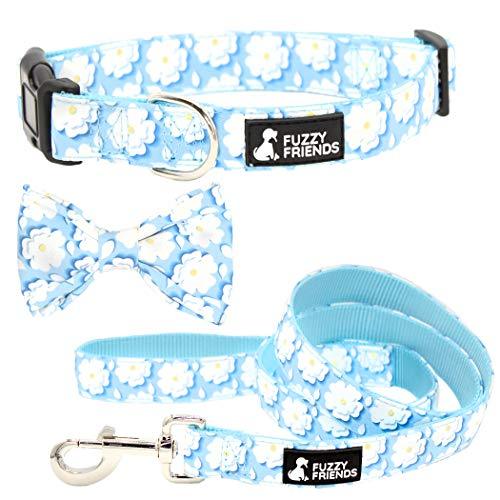 Blue Flower Dog Bow Tie Collar and Leash Set - Fuzzy Friends Boutique